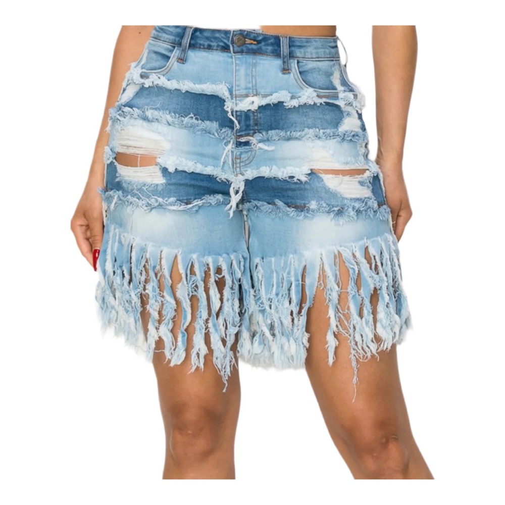 Blue‎ Distressed Sz 3X Ruffled High-Low Mini Fringed Shorts